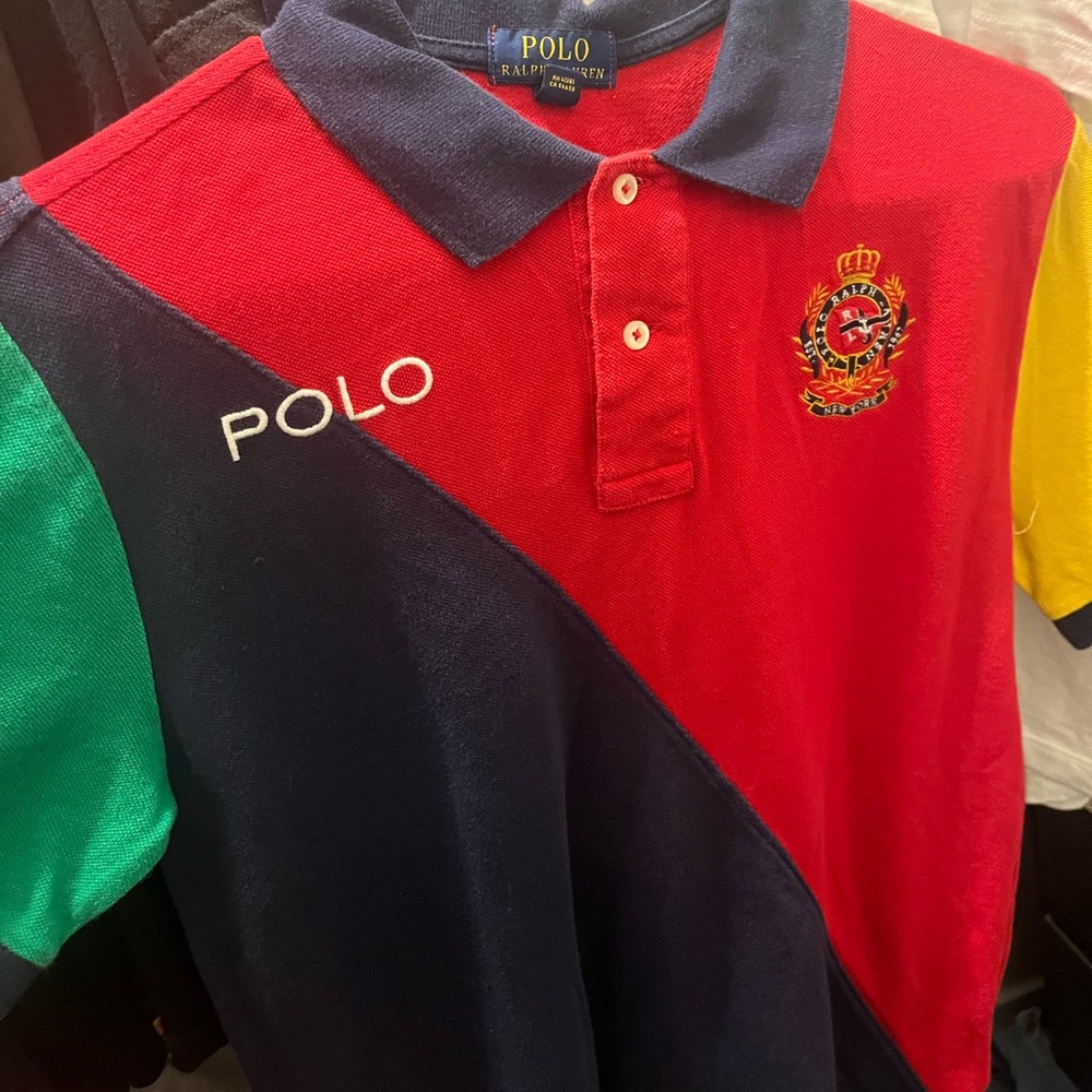 Polo collard shirt red,green and yellow on it